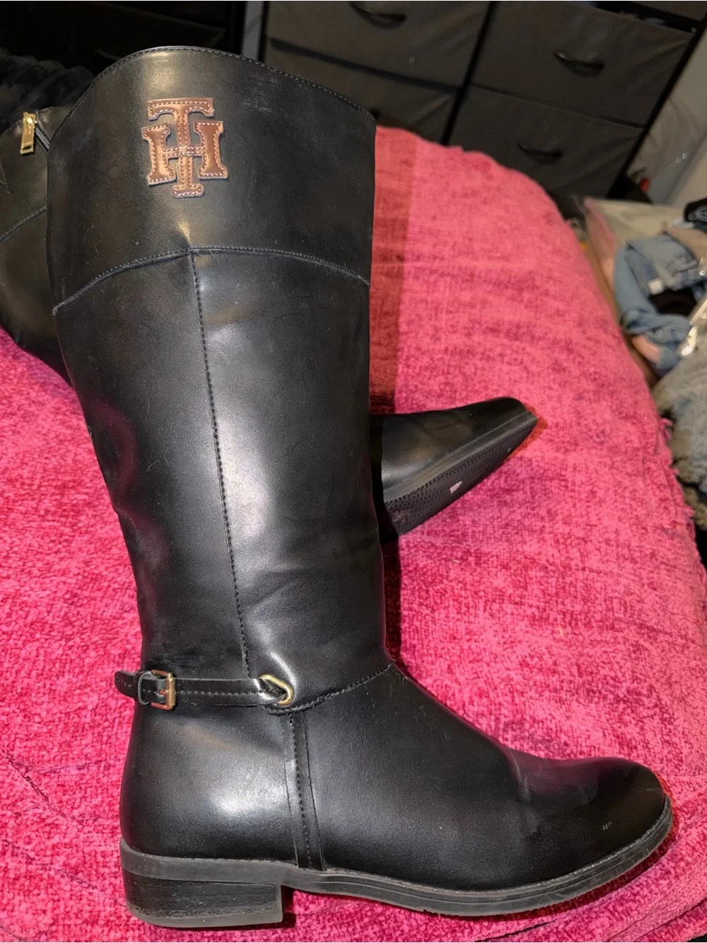 Tommy Hilfiger Black leather knee-high riding boots with buckle detail size 10